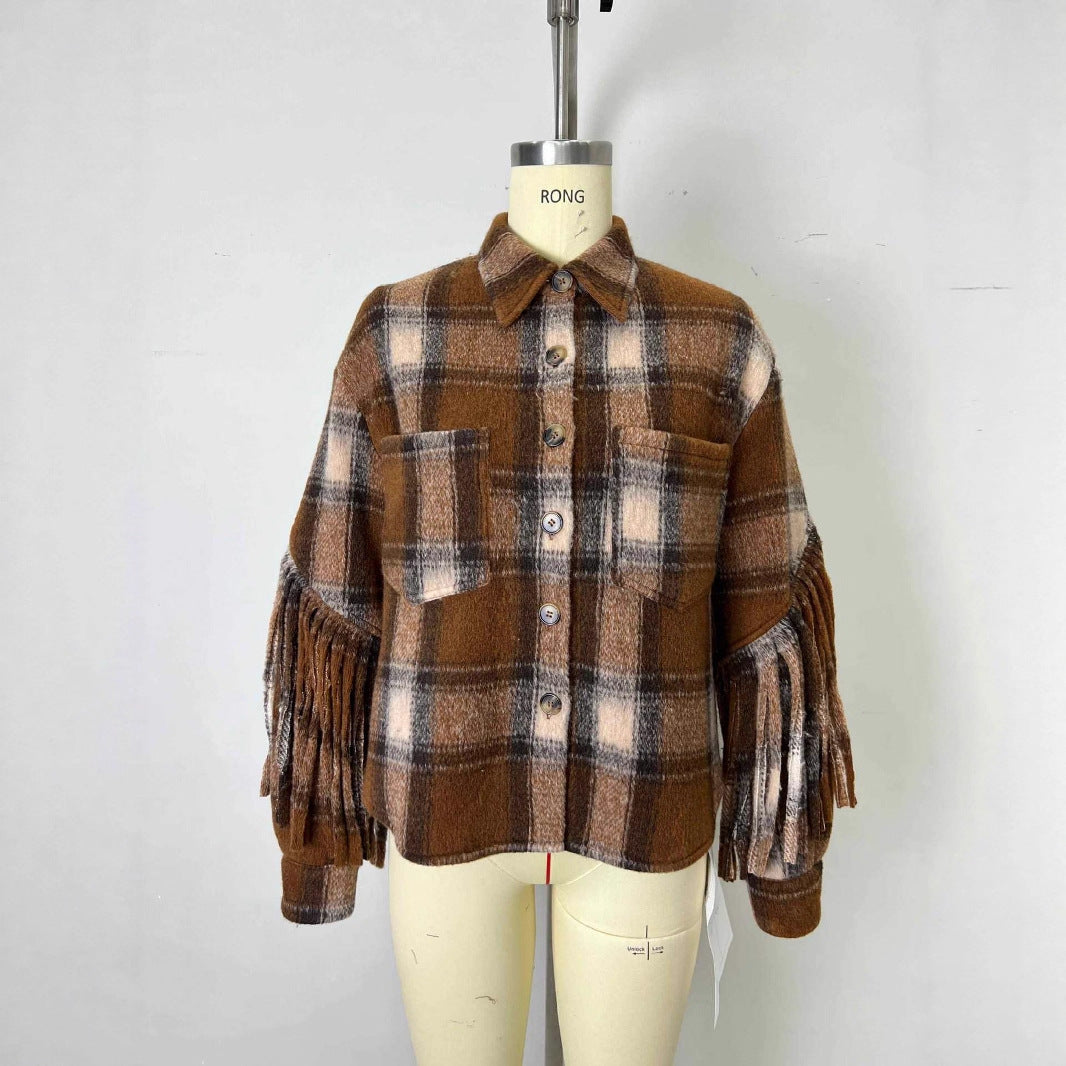 New French Style Retro Plaid Slit Opening Tassel Coat