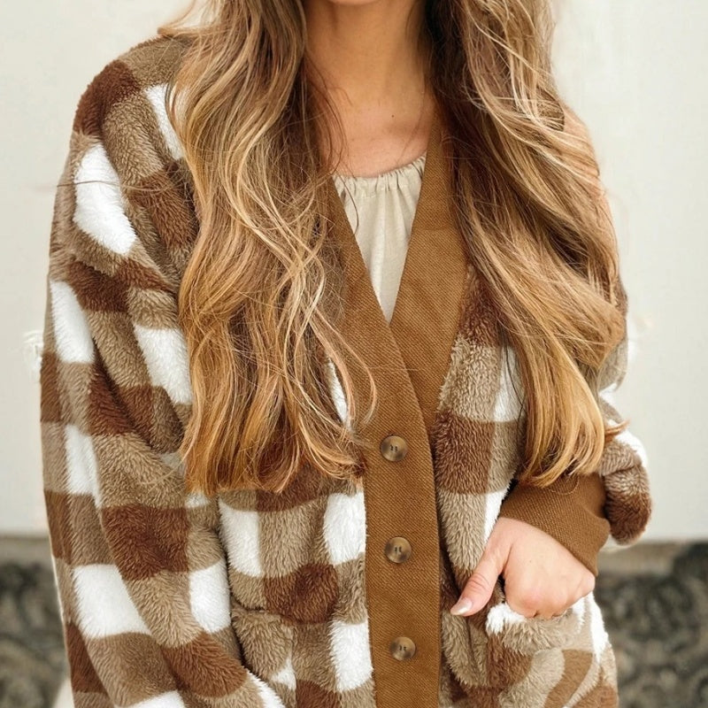 Brown Plaid Lambswool Loose Knitted Cardigan Coat