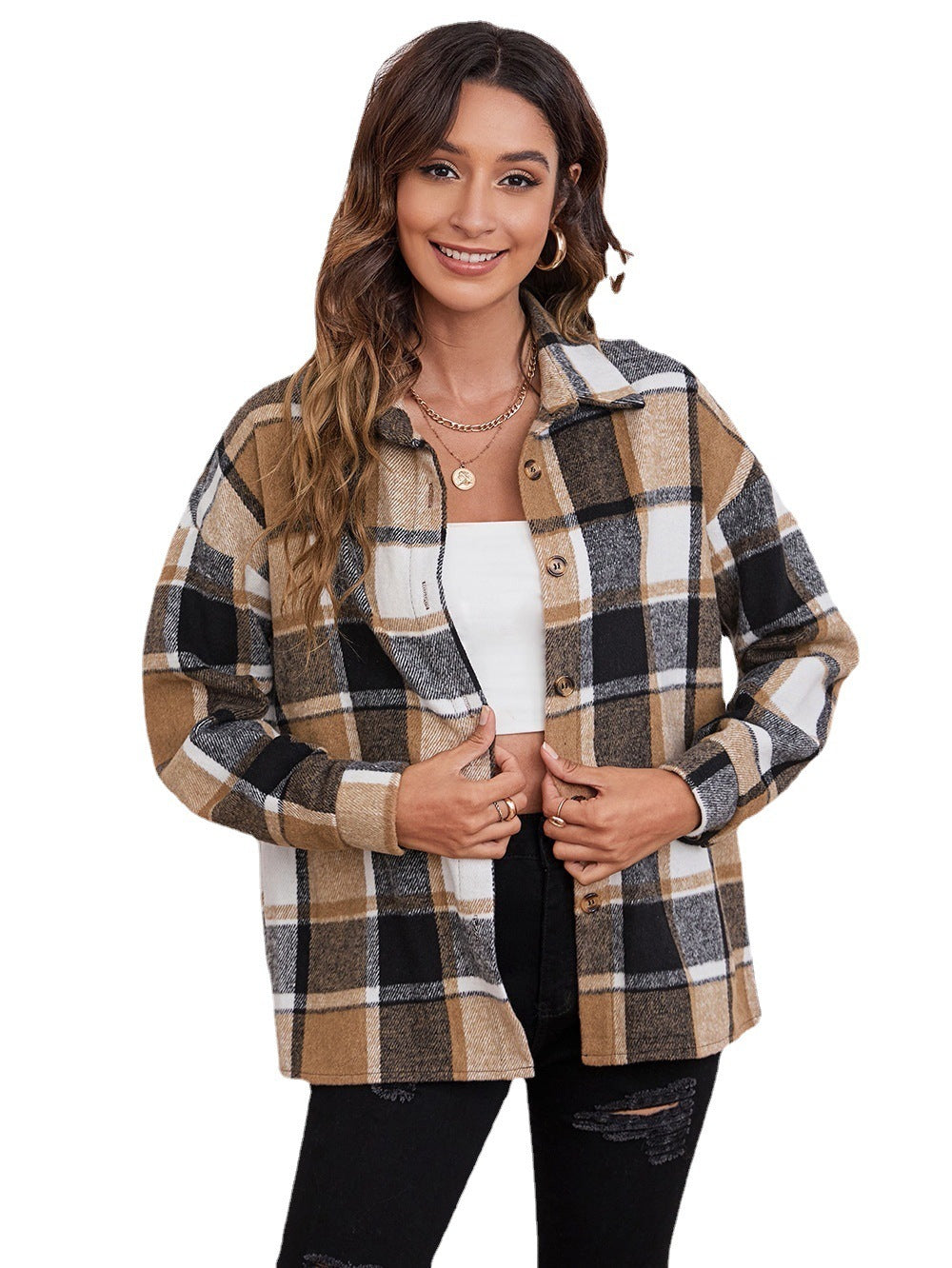 Lapel Single Breasted Cardigan Plaid Woolen Temperament Commute