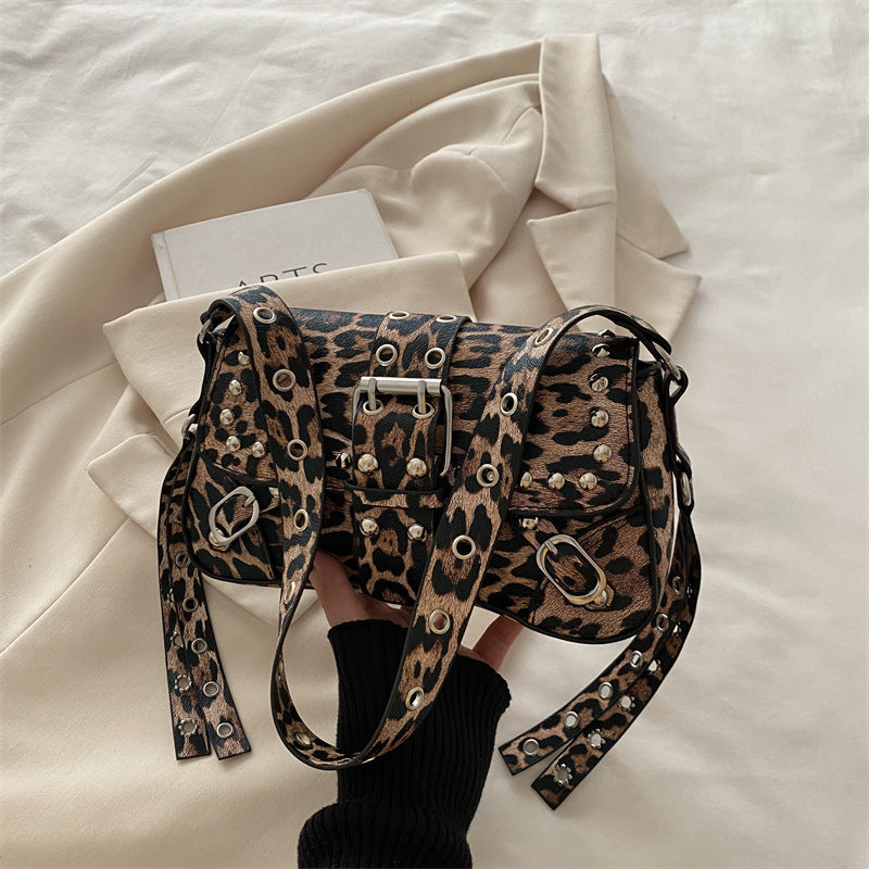 Leopard Print Personalized Design Motorcycle Shoulder Crossbody Underarm Baguette Women&