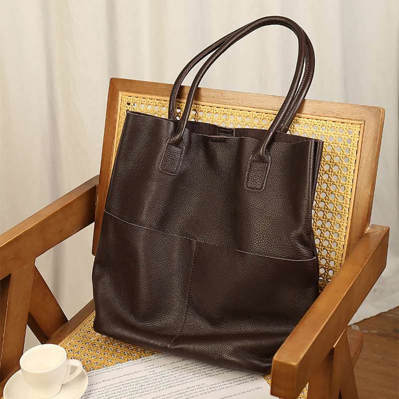 Simple Commute Soft Cowhide Bucket Bag