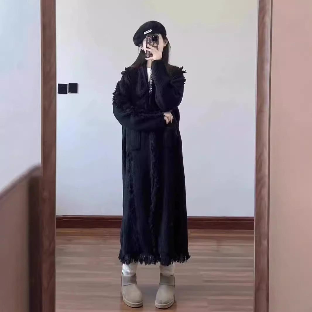 Retro Design Tassel Solid Color Sweater Coat