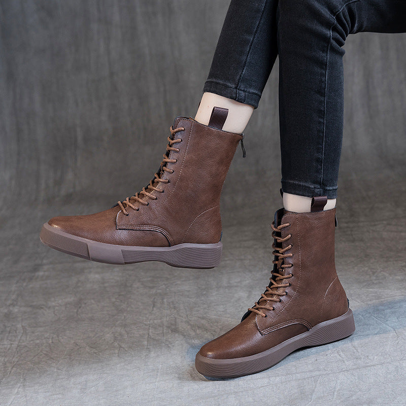 Flat Heel Retro Low Leather Boots Soft Bottom Lace Up Back Zipper