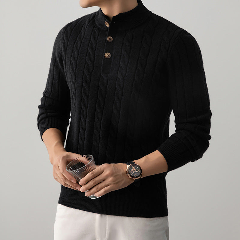 Half-height Henry Collar Button Twisted Sweater Thick Fashion Men&