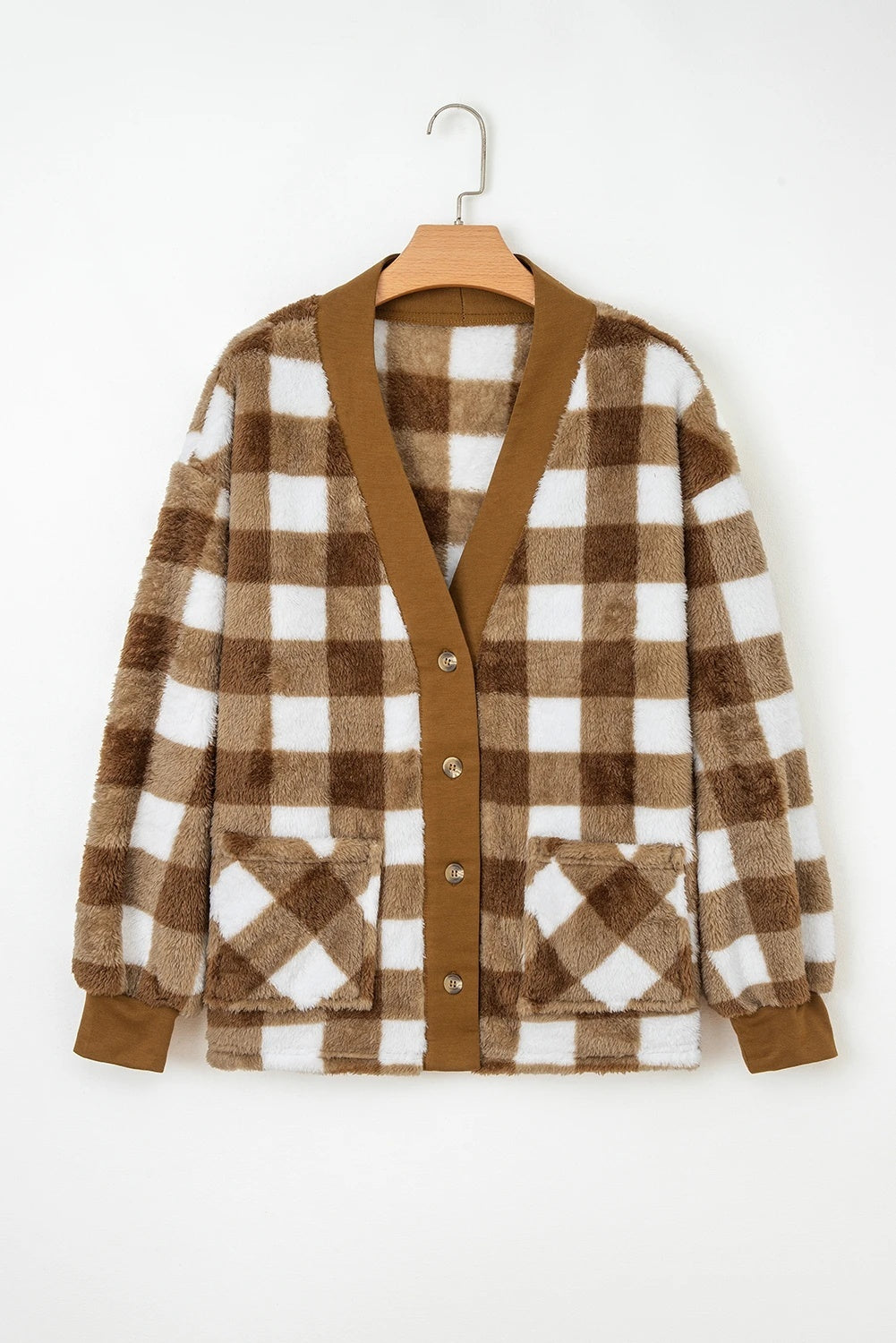 Brown Plaid Lambswool Loose Knitted Cardigan Coat