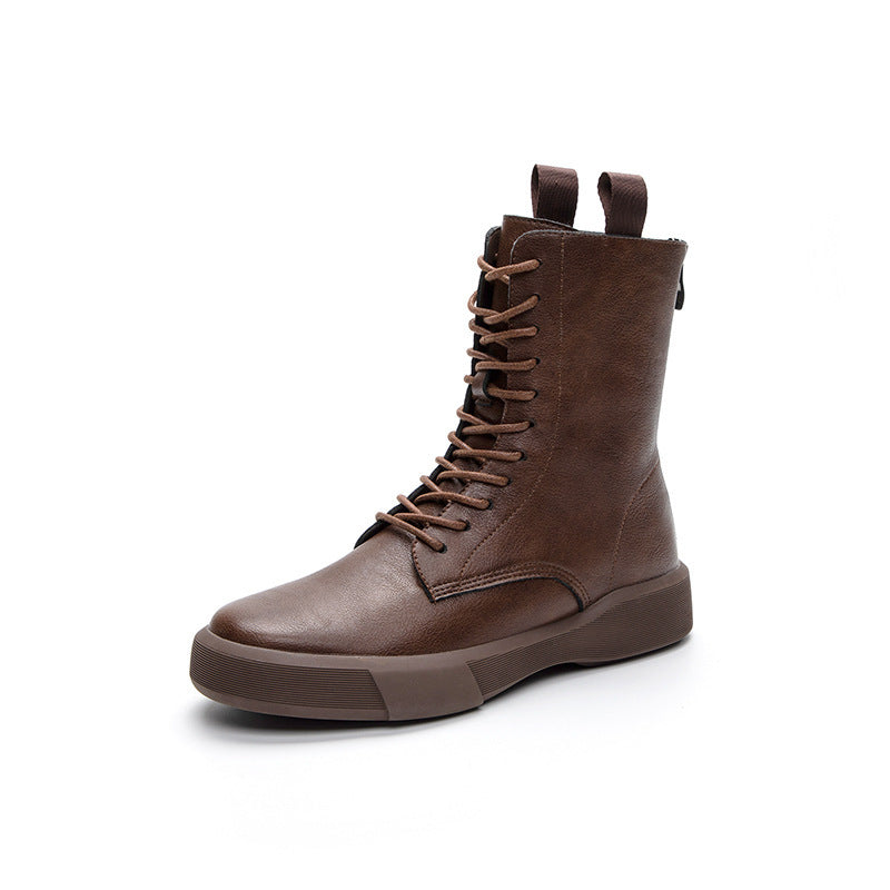 Flat Heel Retro Low Leather Boots Soft Bottom Lace Up Back Zipper
