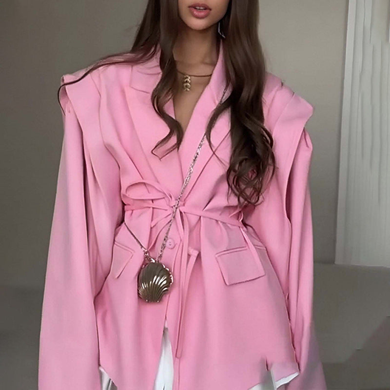 Thin Lace-up Loose All-matching V-neck Coat Women