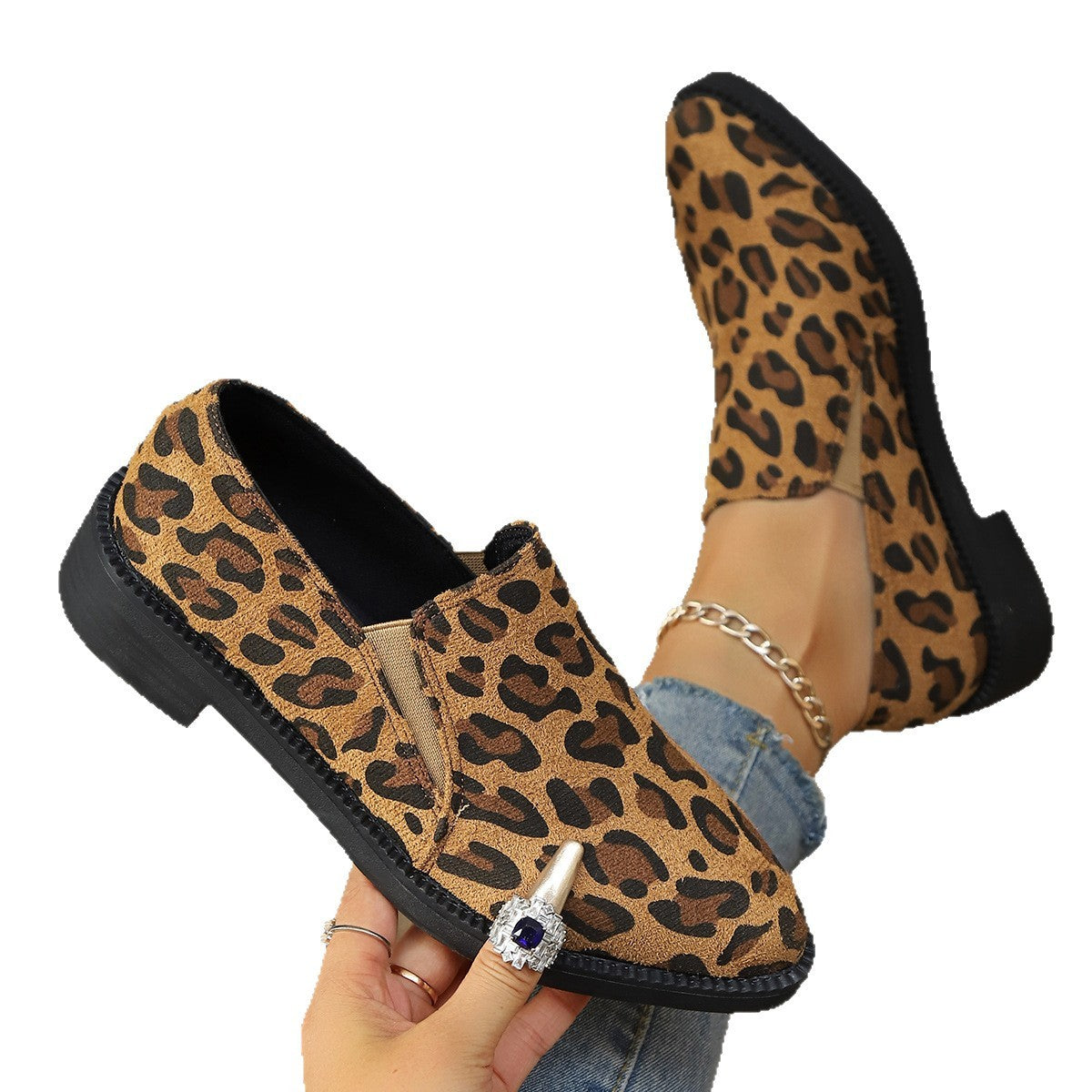 Pointed Toe Chunky Heel Lightweight Comfortable All-match Leopard Print Slip-on Shoes