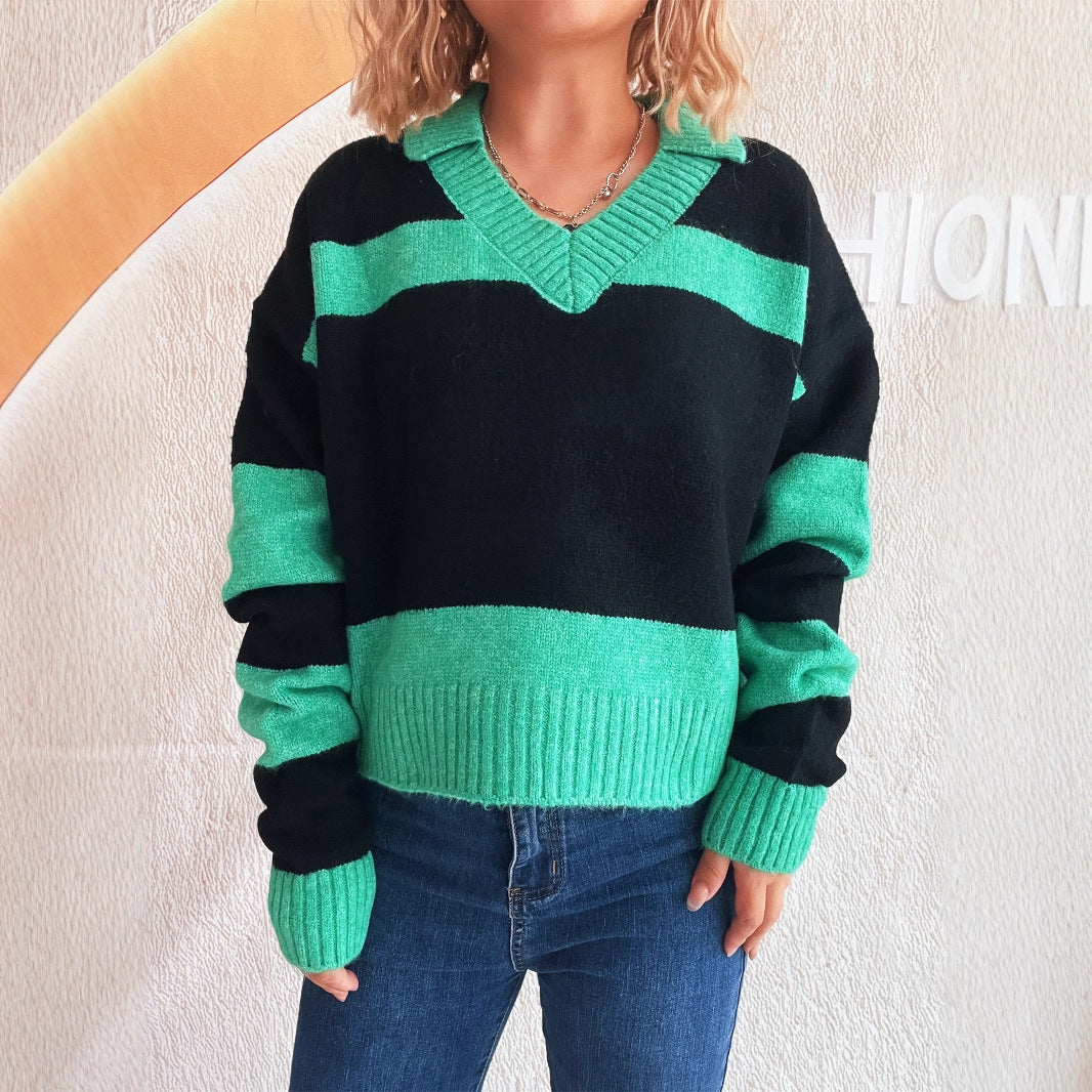 Contrast Color Striped Knitted Lapel Commuter Long Sleeve Women&