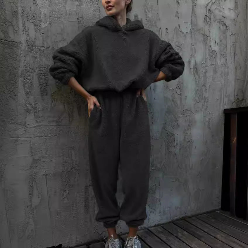 Polar Fleece Round Neck Pullover Long Sleeve Two-piece Set Smart Trousers Suit