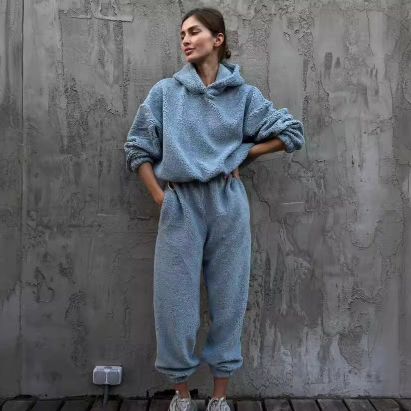 Polar Fleece Round Neck Pullover Long Sleeve Two-piece Set Smart Trousers Suit