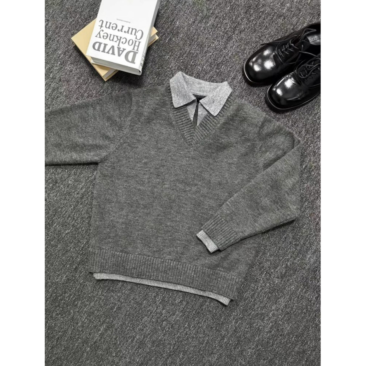 Vintage Fake Two-piece V-neck Sweater Men&