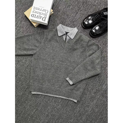 Vintage Fake Two-piece V-neck Sweater Men&