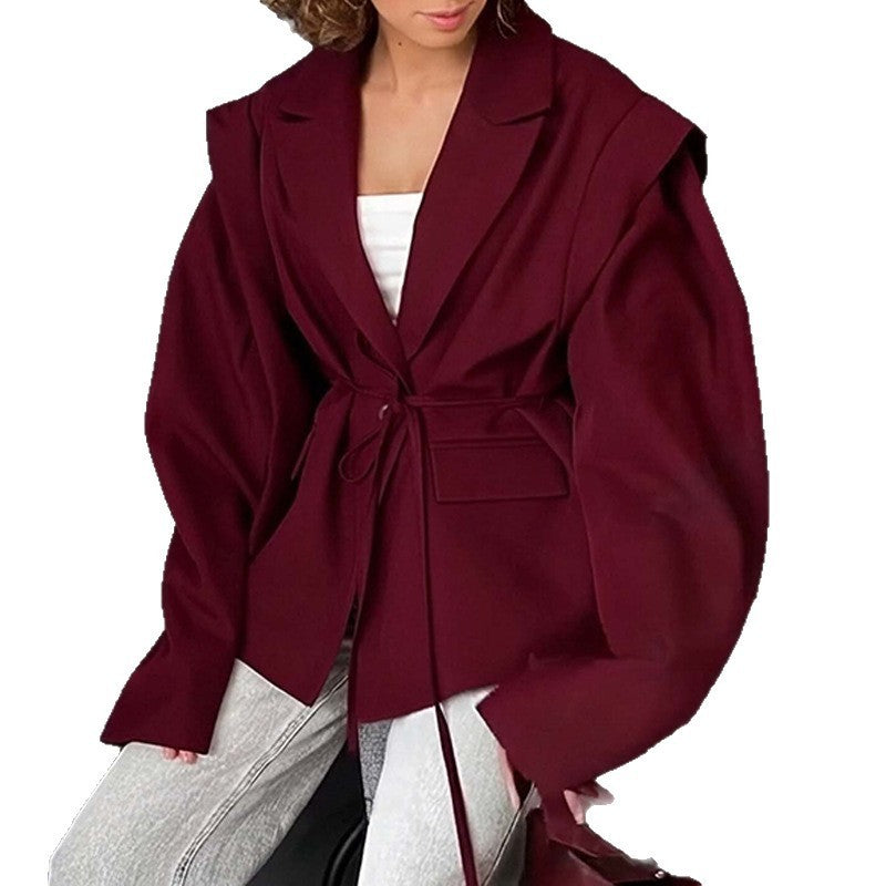 Thin Lace-up Loose All-matching V-neck Coat Women