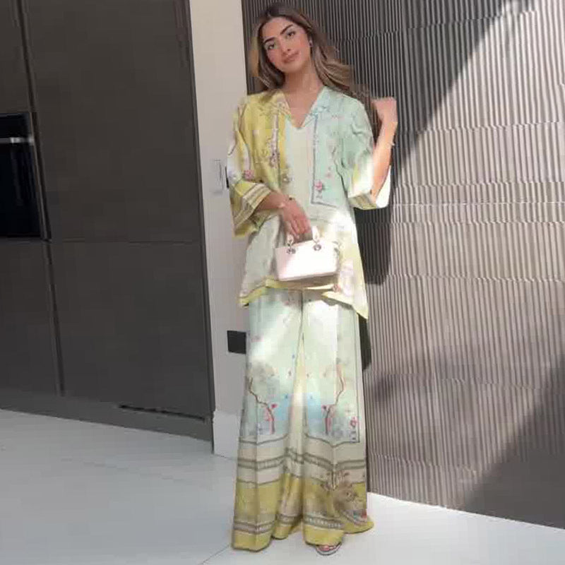 Elegant Positioning Printed Top Wide Leg Pants Two-piece Set