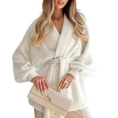 V-neck Long Sleeve Lace-up Loose Casual Mid-length Plush Coat