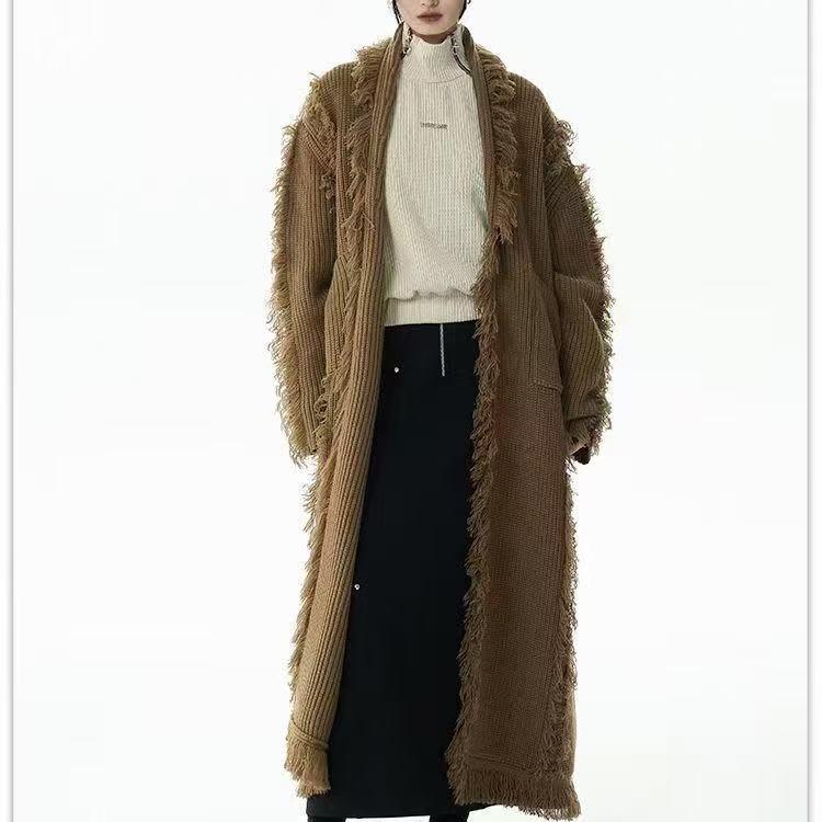 Retro Design Tassel Solid Color Sweater Coat