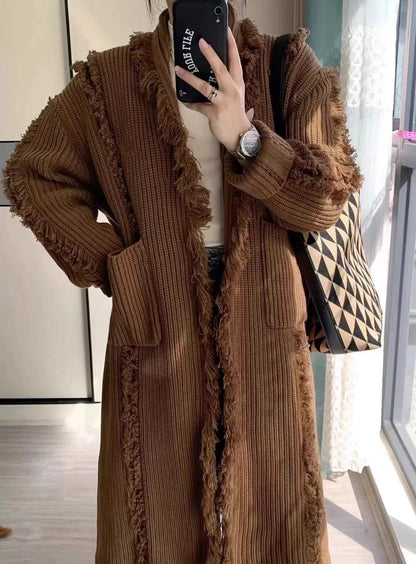 Retro Design Tassel Solid Color Sweater Coat