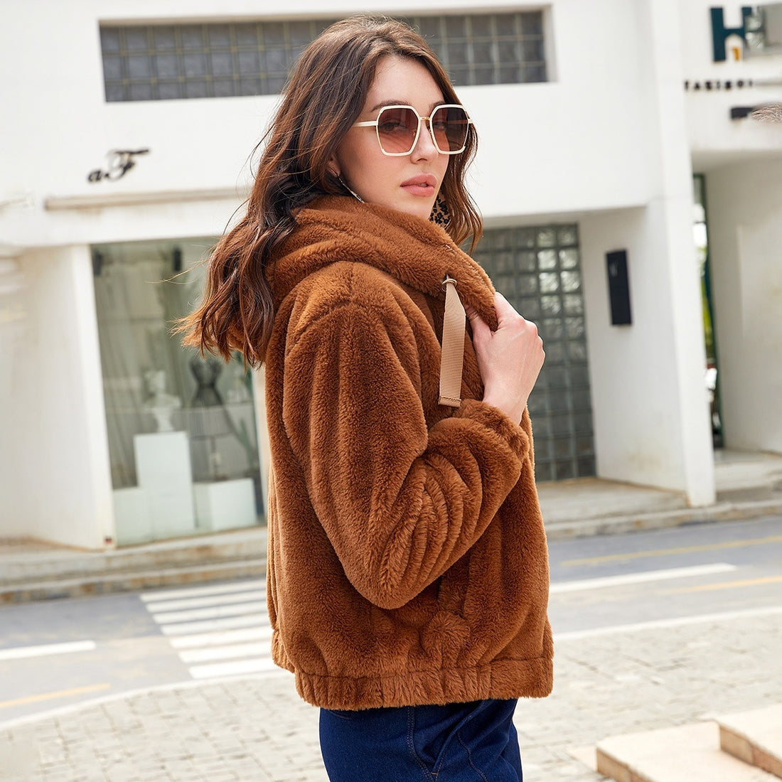 Plush Coat Hooded Long Sleeve Warm-keeping Cotton Clothing Short Top For Women