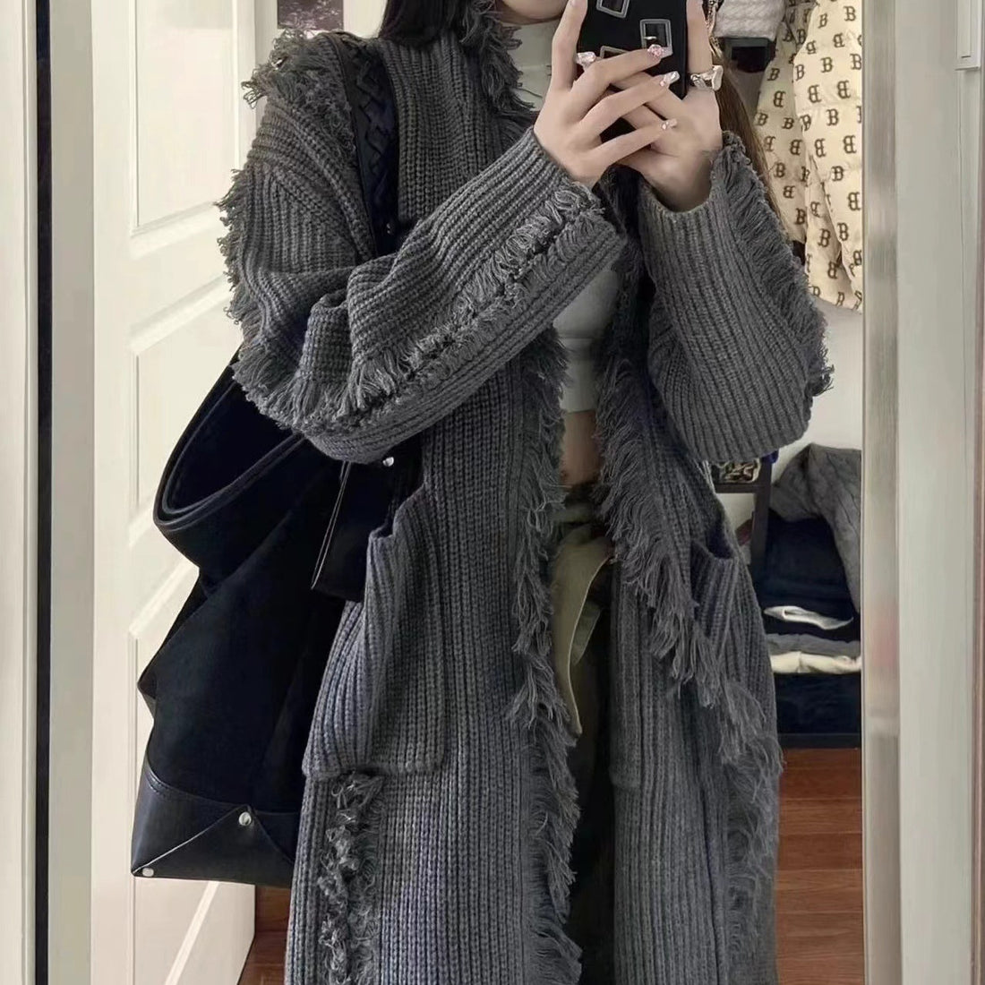 Retro Design Tassel Solid Color Sweater Coat