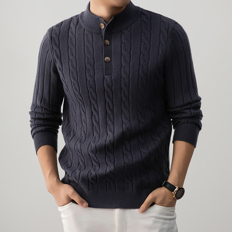 Half-height Henry Collar Button Twisted Sweater Thick Fashion Men&