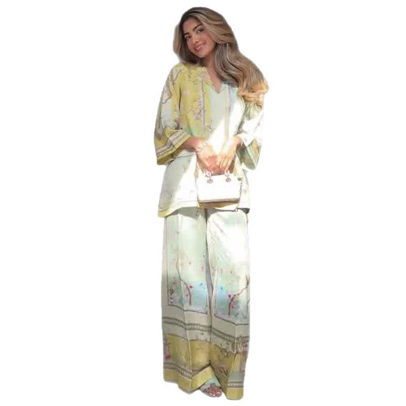 Elegant Positioning Printed Top Wide Leg Pants Two-piece Set