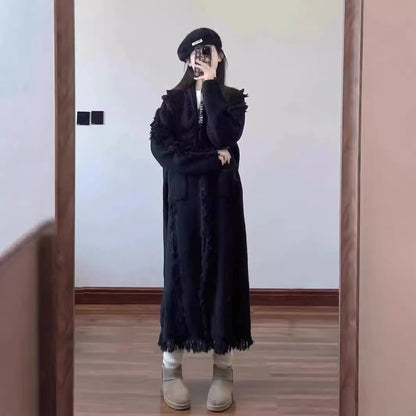 Retro Design Tassel Solid Color Sweater Coat