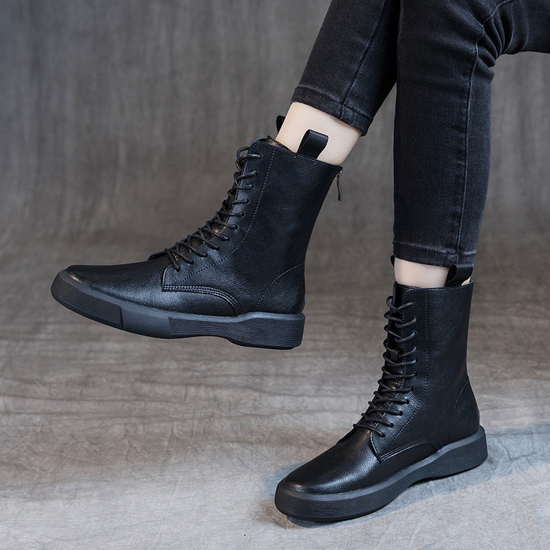 Flat Heel Retro Low Leather Boots Soft Bottom Lace Up Back Zipper