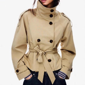 Stand Collar Temperament Commute Double Breasted Waist-controlled Lace-up Short Trench Coat
