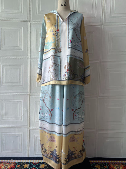 Elegant Positioning Printed Top Wide Leg Pants Two-piece Set