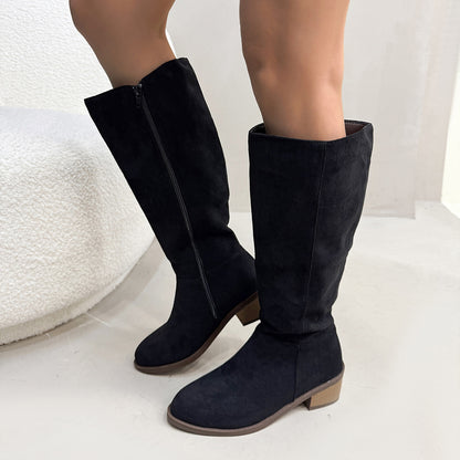 Chunky Heel Small Slim Suede Over The Knee Side Zipper Boots