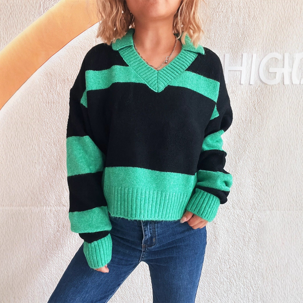 Contrast Color Striped Knitted Lapel Commuter Long Sleeve Women&