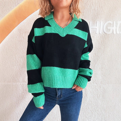 Contrast Color Striped Knitted Lapel Commuter Long Sleeve Women&