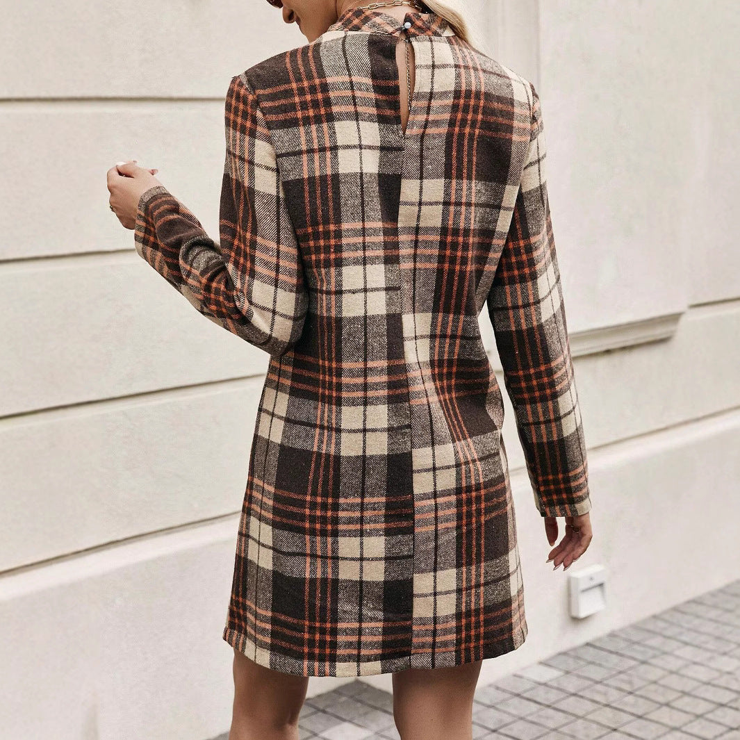 European And American Long Sleeve Plaid Dress Women&