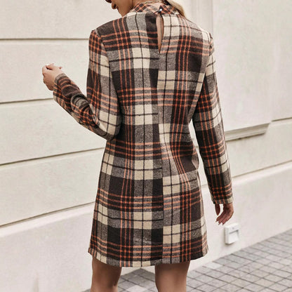 European And American Long Sleeve Plaid Dress Women&