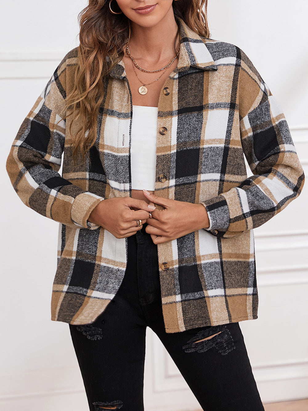 Lapel Single Breasted Cardigan Plaid Woolen Temperament Commute