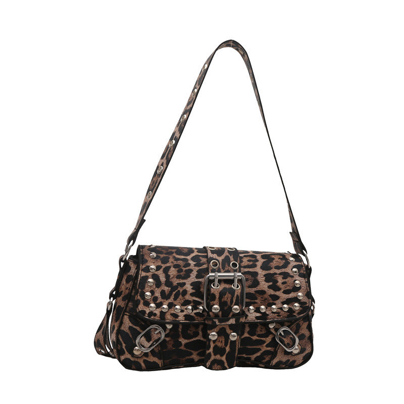 Leopard Print Personalized Design Motorcycle Shoulder Crossbody Underarm Baguette Women&