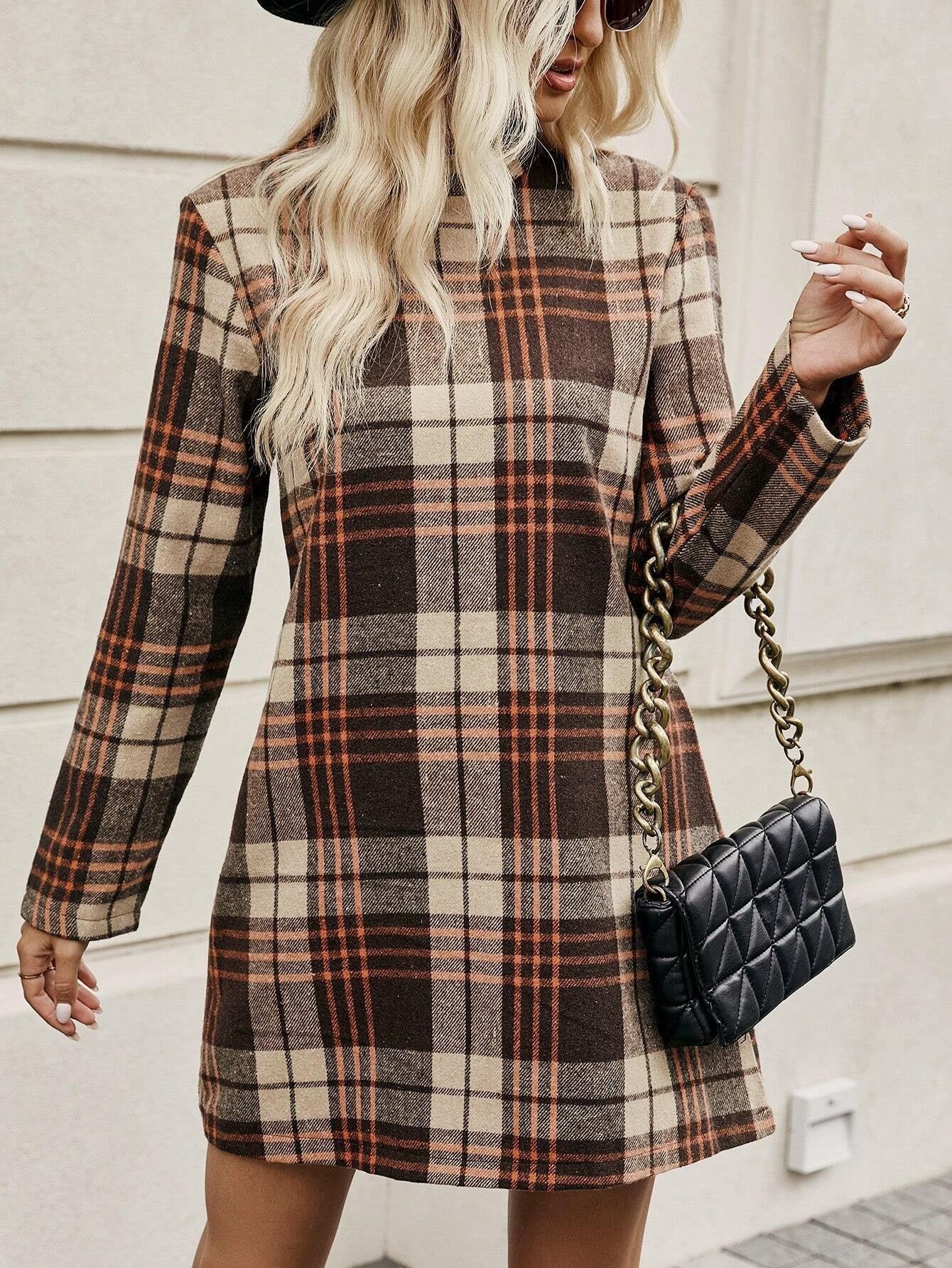 European And American Long Sleeve Plaid Dress Women&