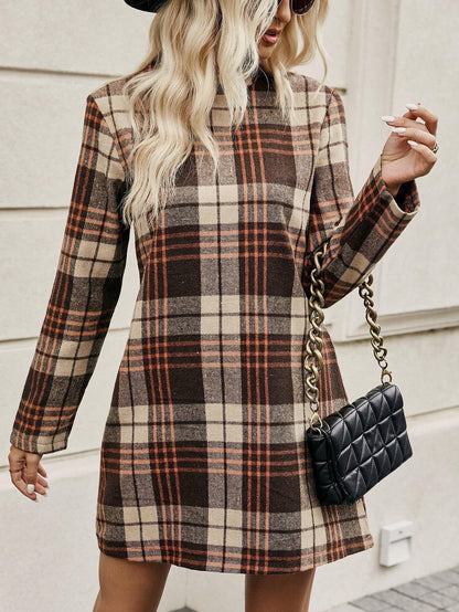 European And American Long Sleeve Plaid Dress Women&