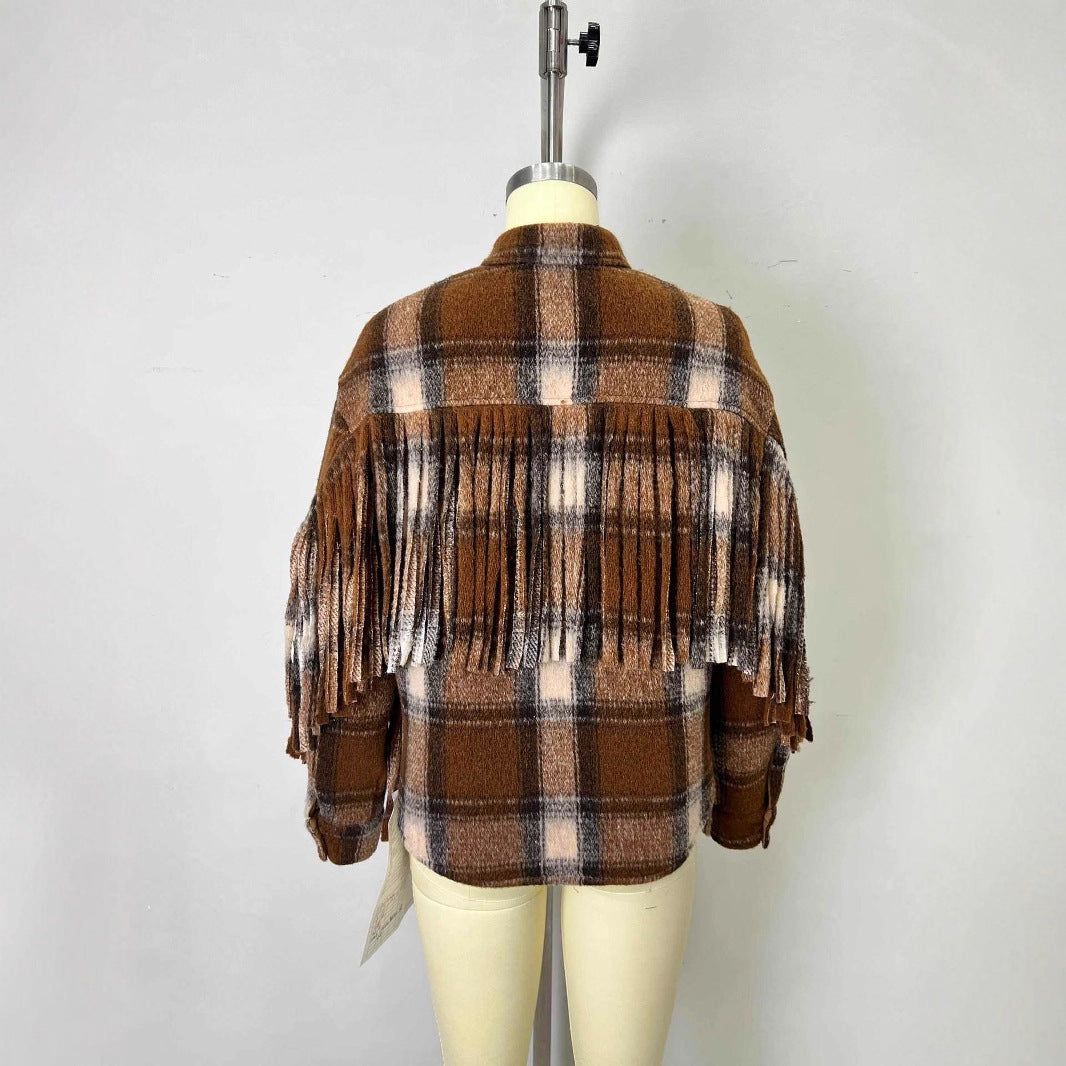 New French Style Retro Plaid Slit Opening Tassel Coat