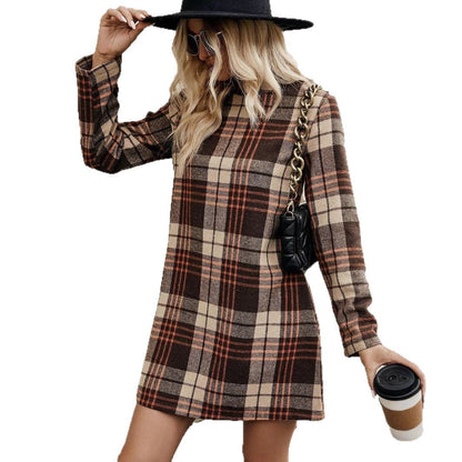 European And American Long Sleeve Plaid Dress Women&