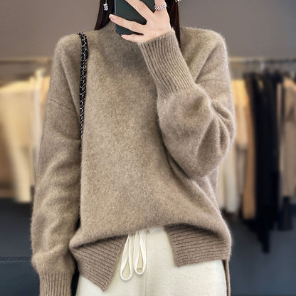 High Collar Drop-shoulder Sleeve Split Thick Sweater Women