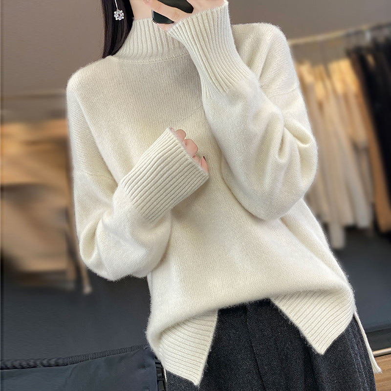 High Collar Drop-shoulder Sleeve Split Thick Sweater Women