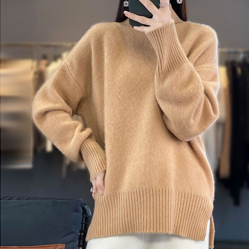 High Collar Drop-shoulder Sleeve Split Thick Sweater Women