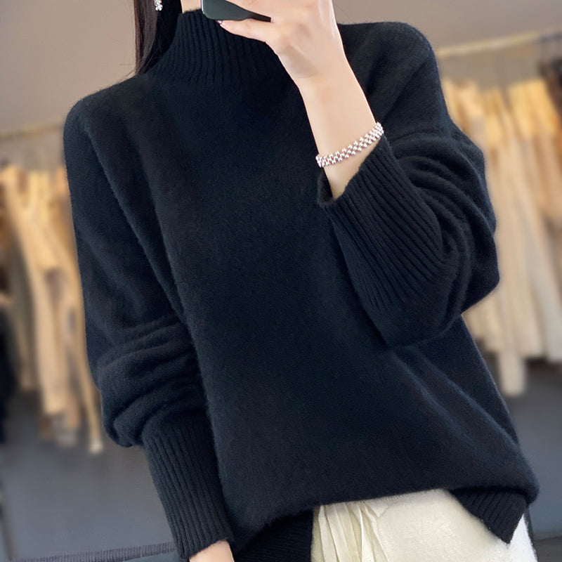 High Collar Drop-shoulder Sleeve Split Thick Sweater Women