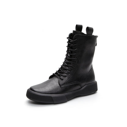 Flat Heel Retro Low Leather Boots Soft Bottom Lace Up Back Zipper