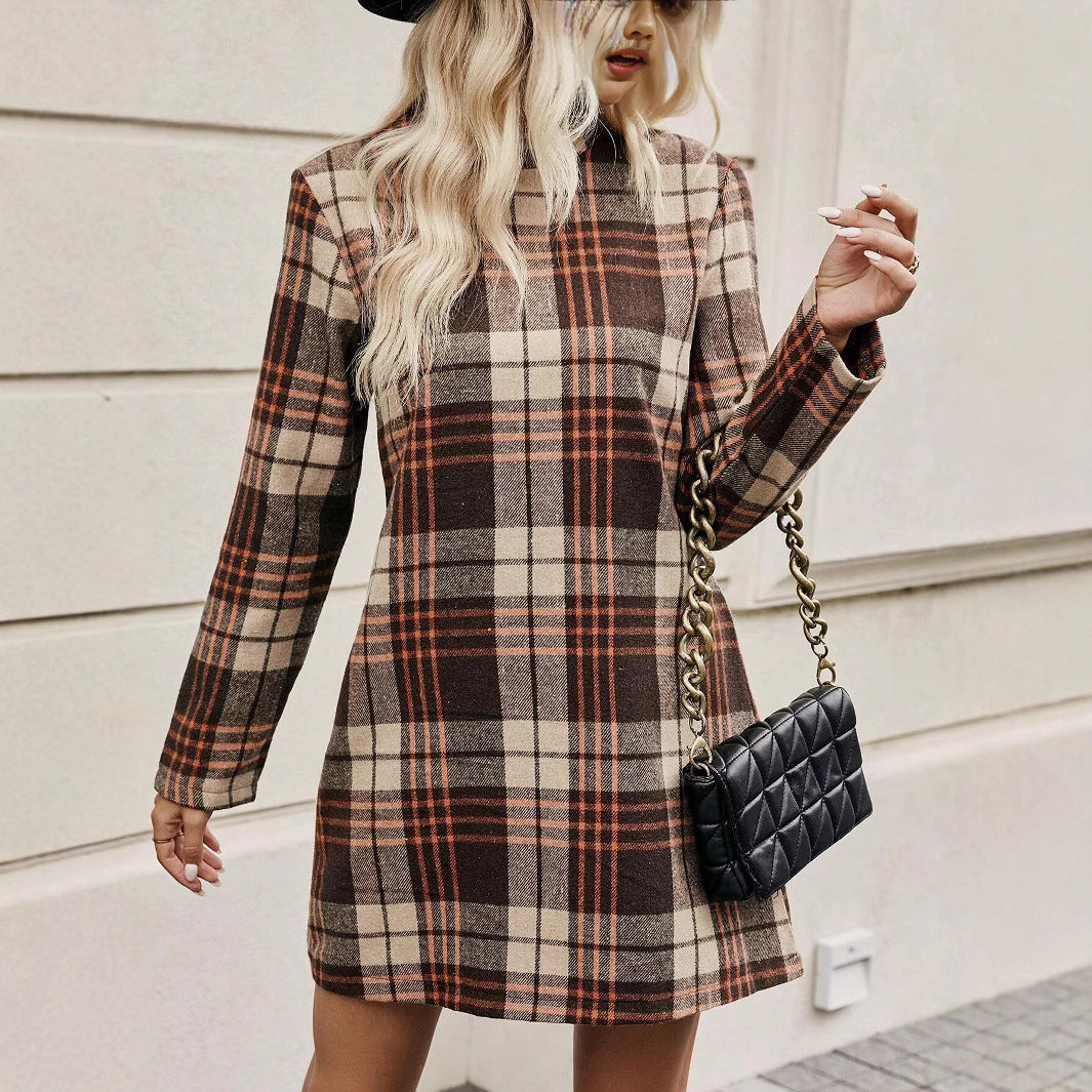 European And American Long Sleeve Plaid Dress Women&
