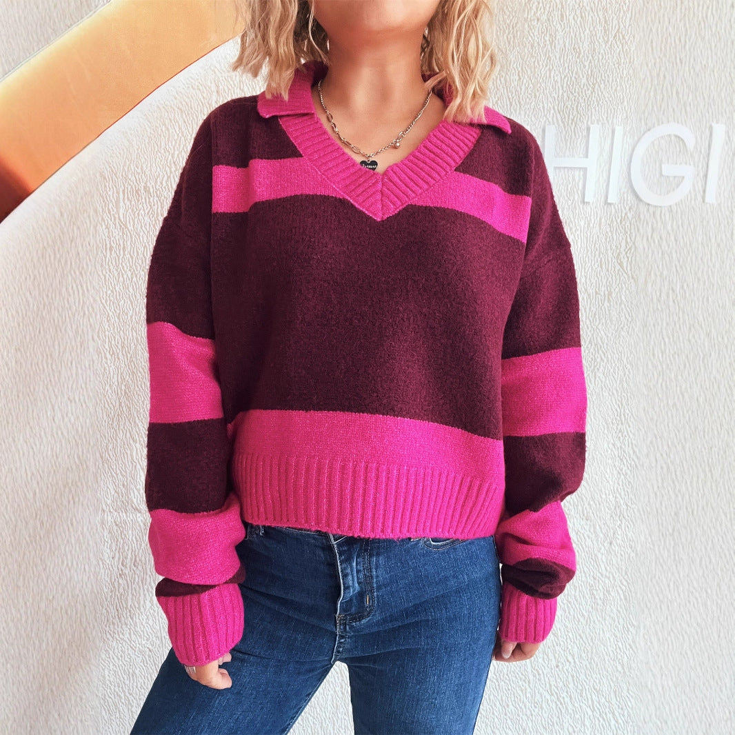 Contrast Color Striped Knitted Lapel Commuter Long Sleeve Women&