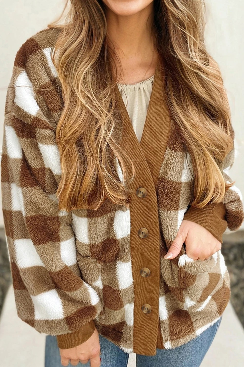 Brown Plaid Lambswool Loose Knitted Cardigan Coat