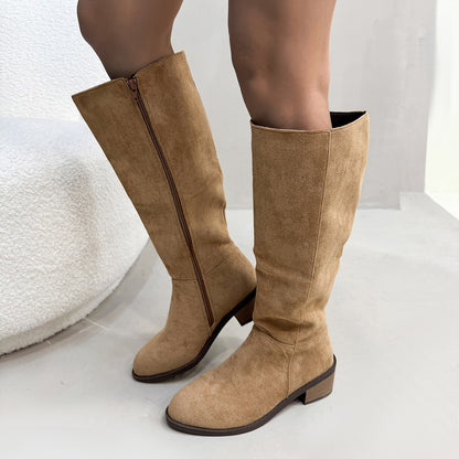 Chunky Heel Small Slim Suede Over The Knee Side Zipper Boots